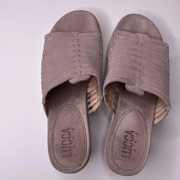 Lucca Lane leather neutral mules heeled wedges sandals size 10 - Picture 4 of 5